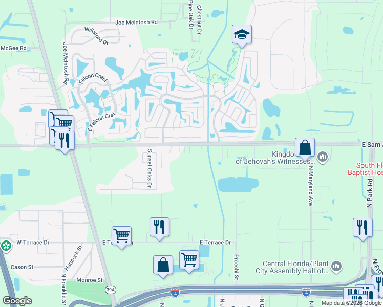 map of restaurants, bars, coffee shops, grocery stores, and more near 711 East Sam Allen Road in Plant City
