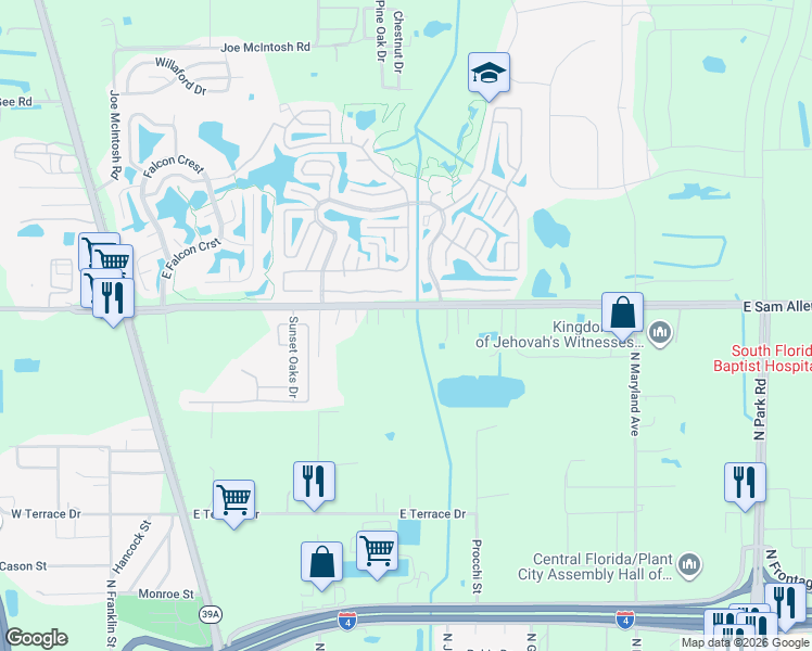 map of restaurants, bars, coffee shops, grocery stores, and more near 711 East Sam Allen Road in Plant City