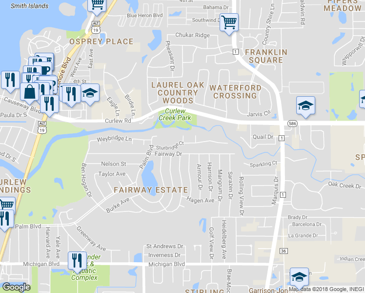 map of restaurants, bars, coffee shops, grocery stores, and more near 1415 Sturbridge Court in Dunedin