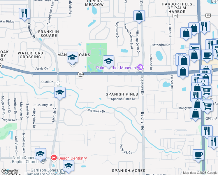 map of restaurants, bars, coffee shops, grocery stores, and more near 1296 Peach Tree Drive in Dunedin