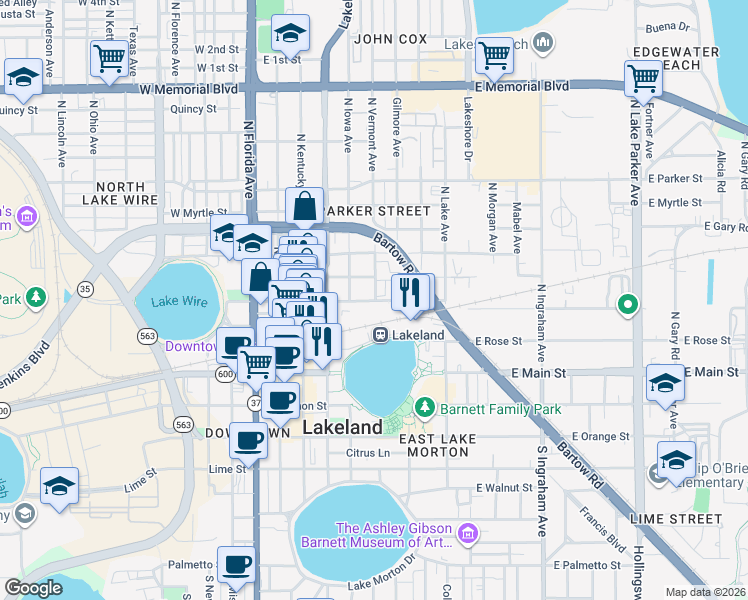 map of restaurants, bars, coffee shops, grocery stores, and more near 302 North Iowa Avenue in Lakeland