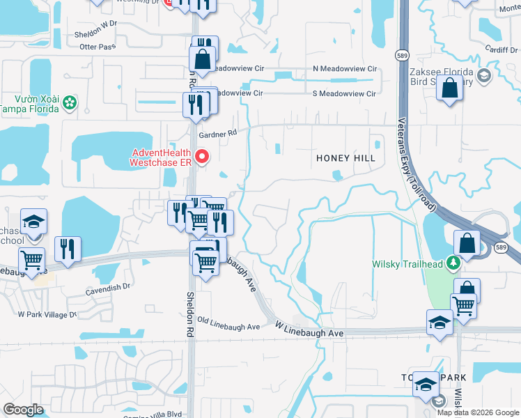map of restaurants, bars, coffee shops, grocery stores, and more near 8567 Acorn Ridge Court in Tampa