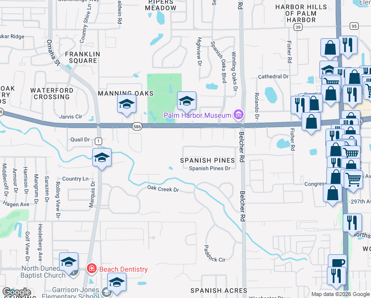 map of restaurants, bars, coffee shops, grocery stores, and more near 1296 Peach Tree Drive in Dunedin