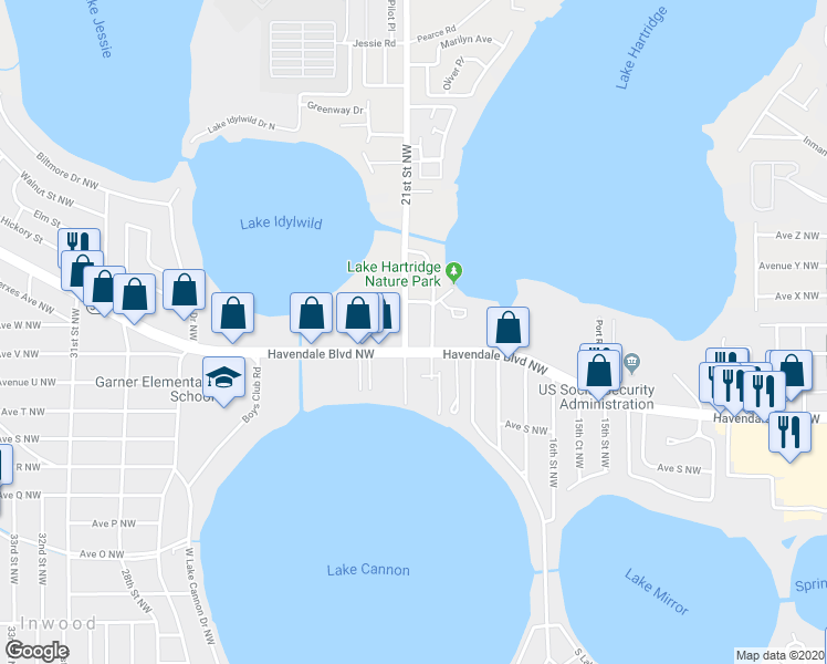 map of restaurants, bars, coffee shops, grocery stores, and more near 2178 21st Street Northwest in Winter Haven