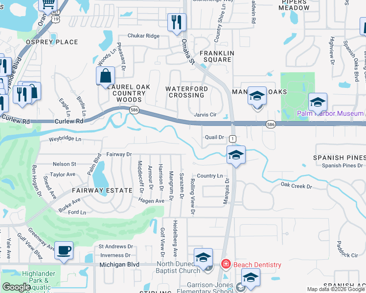map of restaurants, bars, coffee shops, grocery stores, and more near 1543 Sturbridge Court in Dunedin