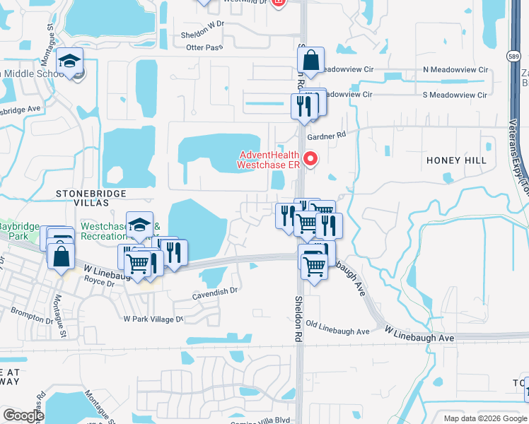 map of restaurants, bars, coffee shops, grocery stores, and more near 8906 Ashford Gables Court in Tampa