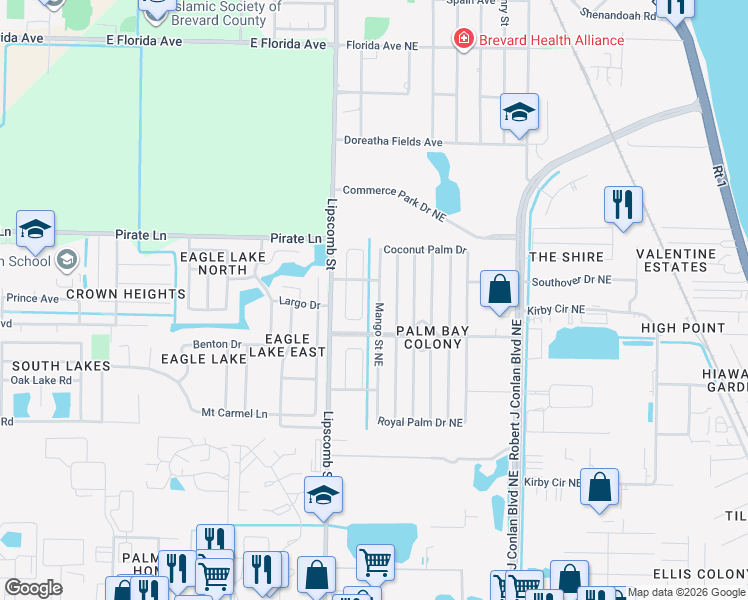 map of restaurants, bars, coffee shops, grocery stores, and more near 1918 Mango Street Northeast in Palm Bay