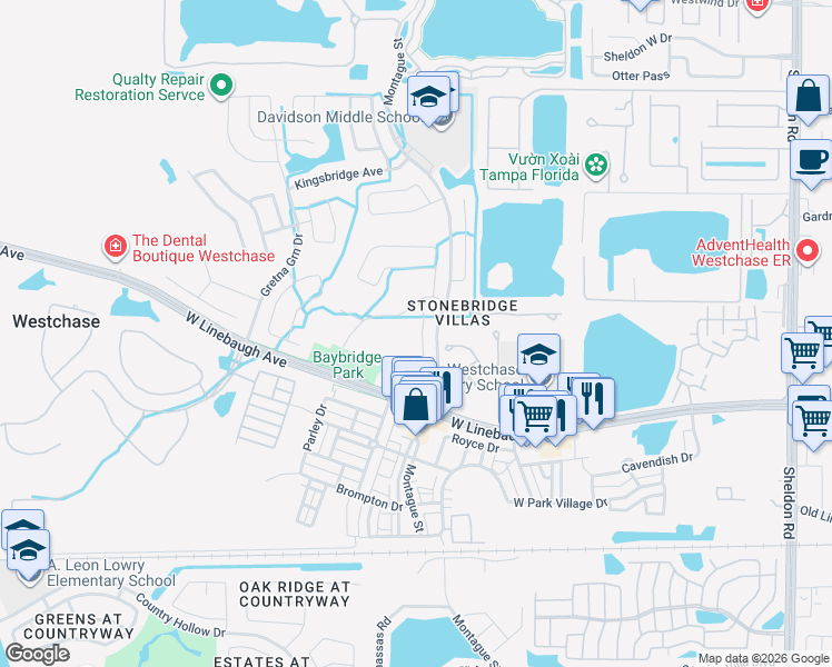 map of restaurants, bars, coffee shops, grocery stores, and more near 10236 Woodford Bridge Street in Tampa