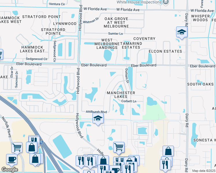 map of restaurants, bars, coffee shops, grocery stores, and more near 1625 Litchfield Drive in Melbourne