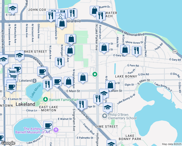 map of restaurants, bars, coffee shops, grocery stores, and more near 1120 East Oleander Street in Lakeland