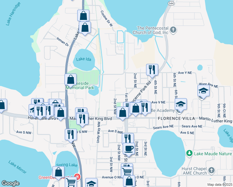 map of restaurants, bars, coffee shops, grocery stores, and more near 2401 2nd Street Northwest in Winter Haven