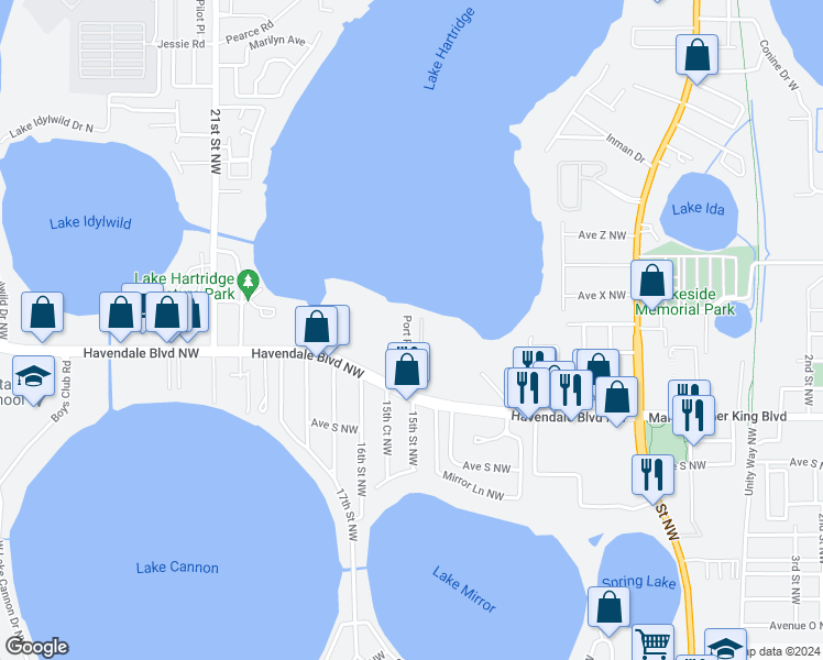 map of restaurants, bars, coffee shops, grocery stores, and more near 2212 Port Road in Winter Haven