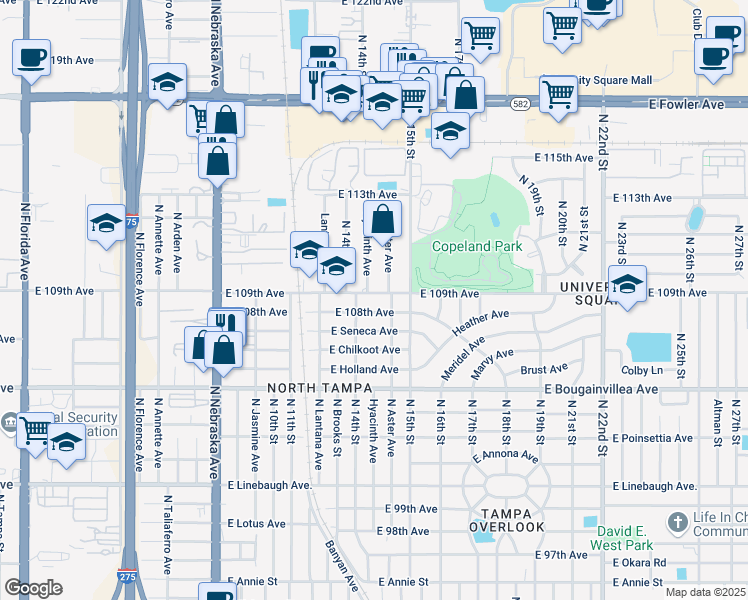 map of restaurants, bars, coffee shops, grocery stores, and more near 1409 East 109th Avenue in Tampa