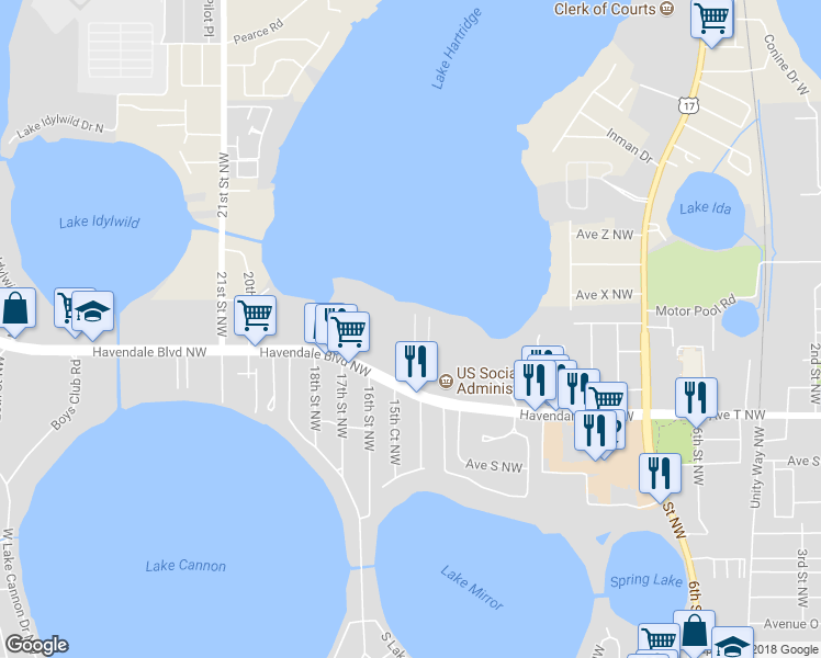 map of restaurants, bars, coffee shops, grocery stores, and more near 2211 Port Road in Winter Haven