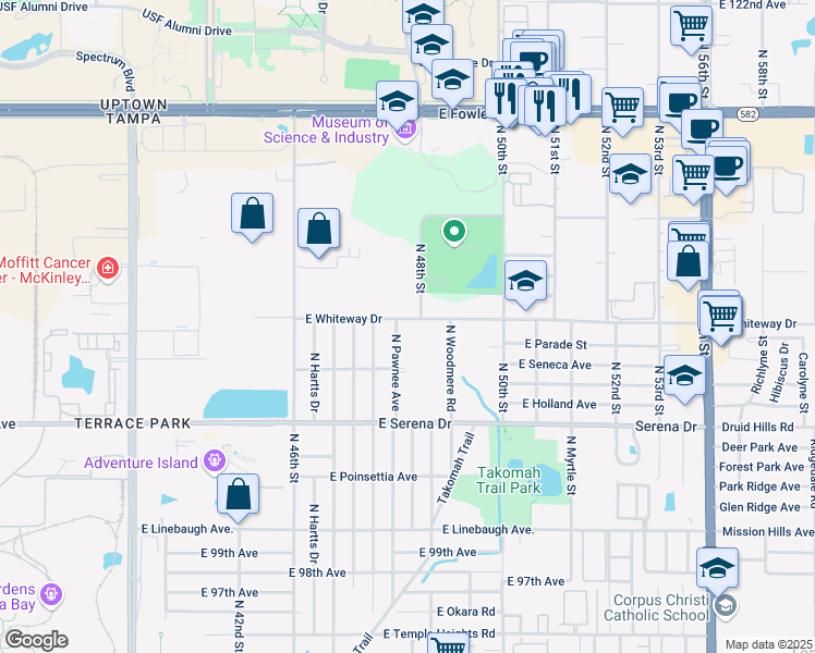 map of restaurants, bars, coffee shops, grocery stores, and more near 4735 Whiteway Drive in Tampa