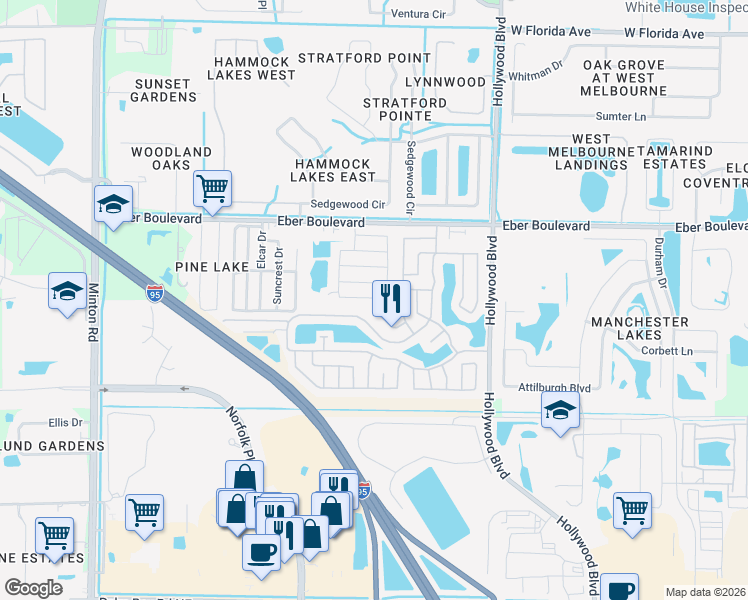 map of restaurants, bars, coffee shops, grocery stores, and more near 2433 Woodthrush Place in Melbourne