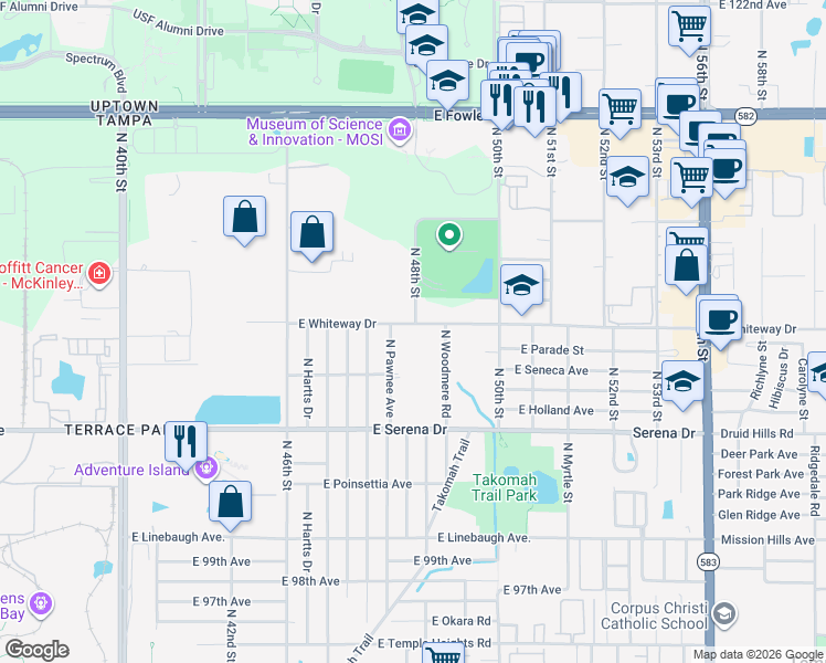 map of restaurants, bars, coffee shops, grocery stores, and more near 4735 Whiteway Drive in Tampa