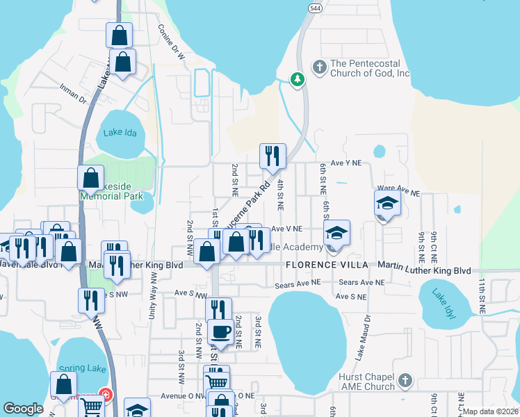 map of restaurants, bars, coffee shops, grocery stores, and more near 2208 2nd Street Northeast in Winter Haven