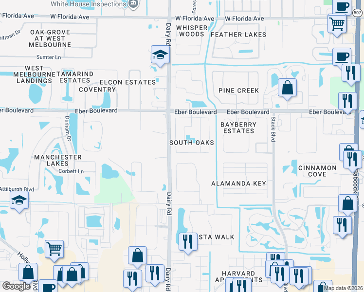 map of restaurants, bars, coffee shops, grocery stores, and more near 940 Cross Lake Drive in Melbourne