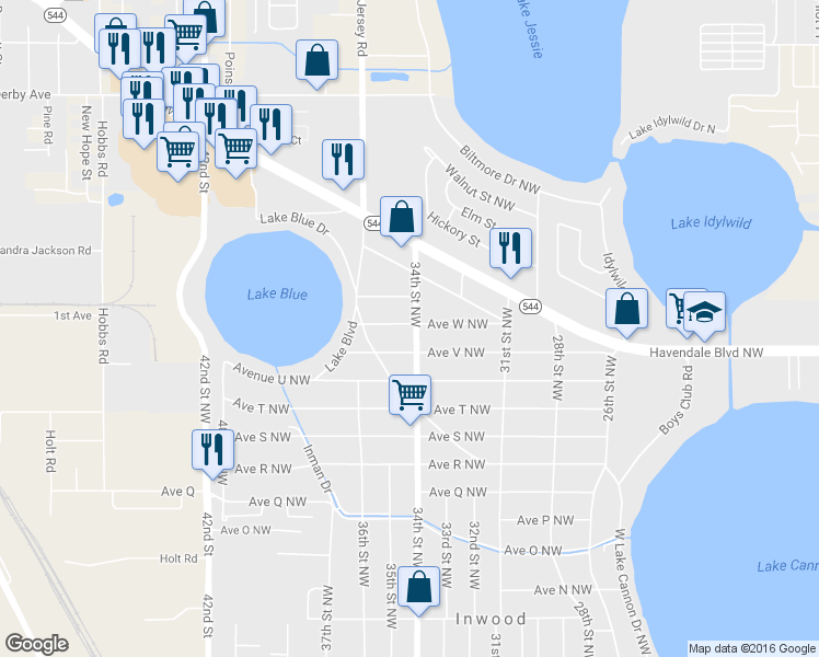 map of restaurants, bars, coffee shops, grocery stores, and more near 2209 34th Street Northwest in Winter Haven