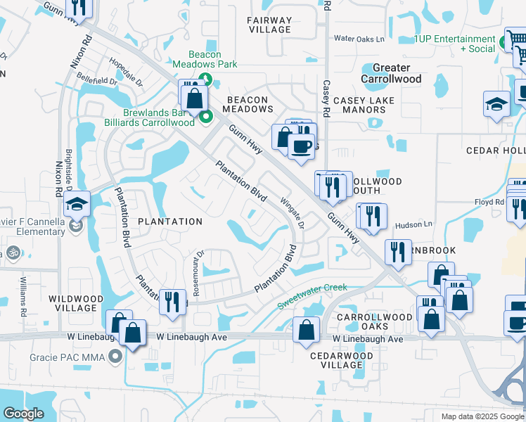 map of restaurants, bars, coffee shops, grocery stores, and more near 10714 Key Lime Way in Tampa