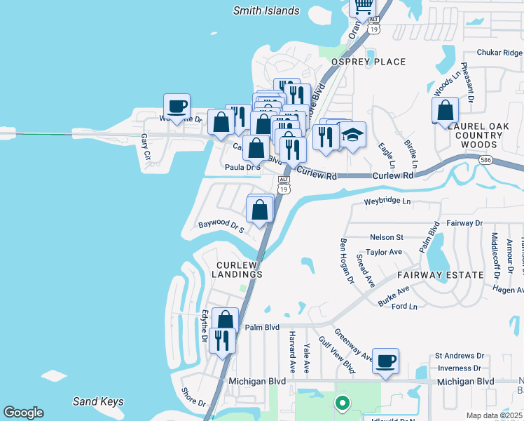 map of restaurants, bars, coffee shops, grocery stores, and more near 2463 Baywood Dr E in Dunedin