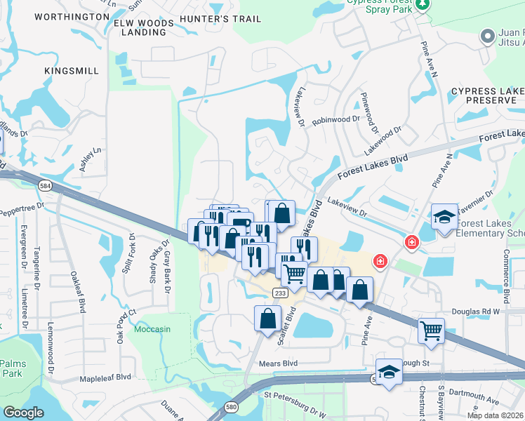 map of restaurants, bars, coffee shops, grocery stores, and more near 134 Sycamore Lane in Oldsmar