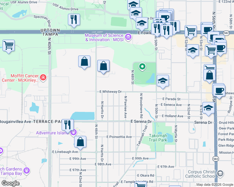 map of restaurants, bars, coffee shops, grocery stores, and more near 10718 North Oklawaha Avenue in Tampa