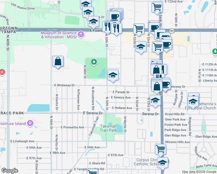 map of restaurants, bars, coffee shops, grocery stores, and more near 5001 Whiteway Drive in Tampa