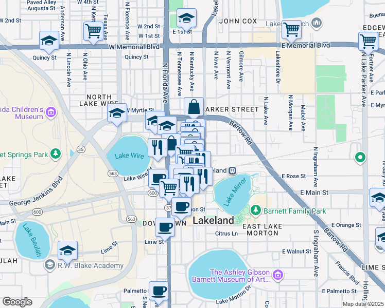 map of restaurants, bars, coffee shops, grocery stores, and more near 310 North Kentucky Avenue in Lakeland