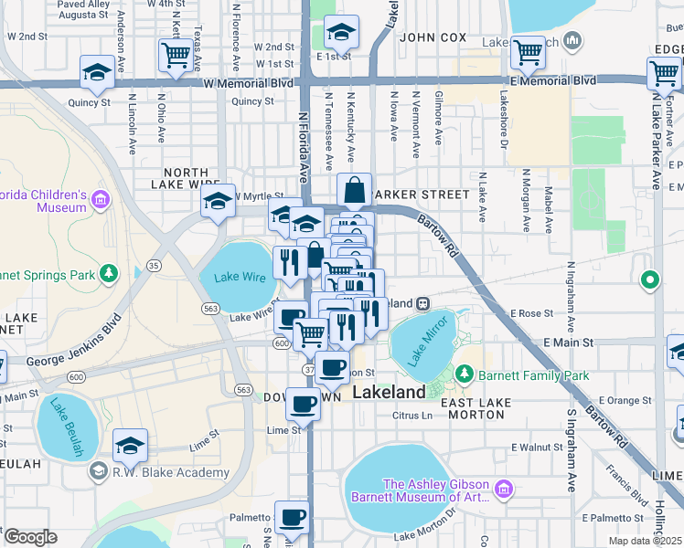 map of restaurants, bars, coffee shops, grocery stores, and more near 310 North Kentucky Avenue in Lakeland