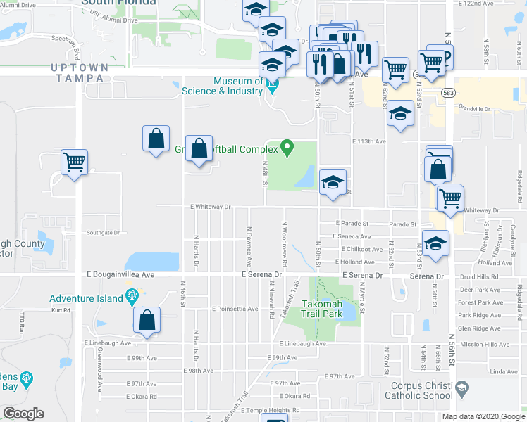 map of restaurants, bars, coffee shops, grocery stores, and more near 4735 Whiteway Drive in Tampa