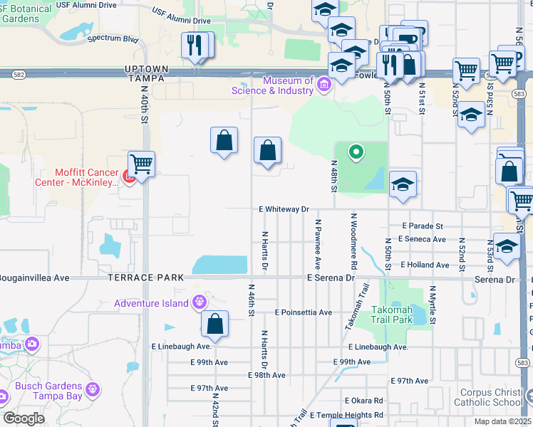 map of restaurants, bars, coffee shops, grocery stores, and more near 4617 Whiteway Drive in Tampa