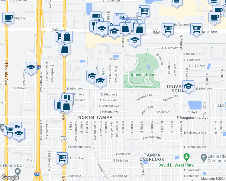 map of restaurants, bars, coffee shops, grocery stores, and more near 1409 East 109th Avenue in Tampa