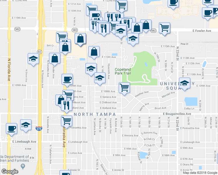 map of restaurants, bars, coffee shops, grocery stores, and more near 1409 East 109th Avenue in Tampa