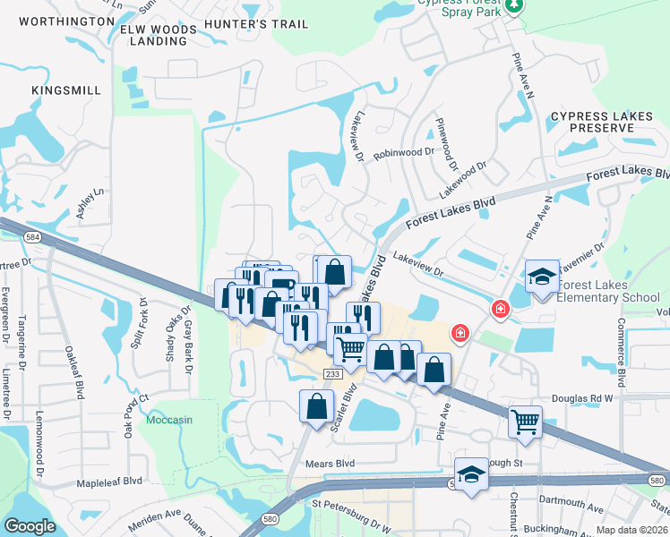 map of restaurants, bars, coffee shops, grocery stores, and more near 128 Camphor Circle in Oldsmar