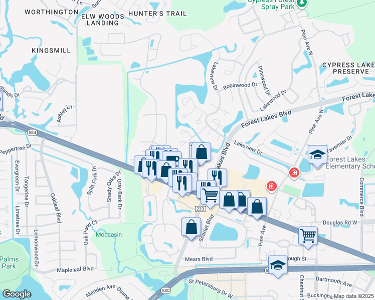 map of restaurants, bars, coffee shops, grocery stores, and more near 128 Camphor Circle in Oldsmar