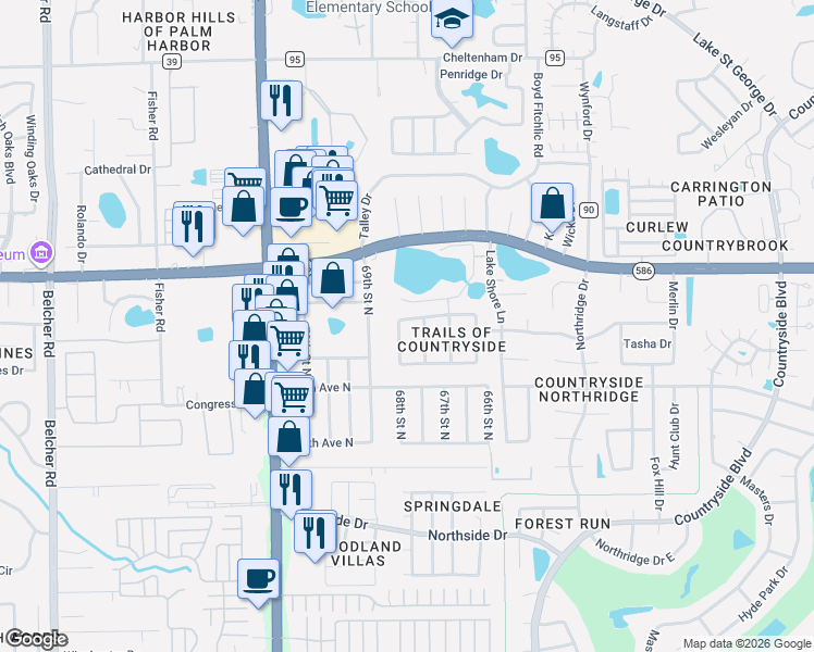 map of restaurants, bars, coffee shops, grocery stores, and more near 3450 Beech Trail in Clearwater