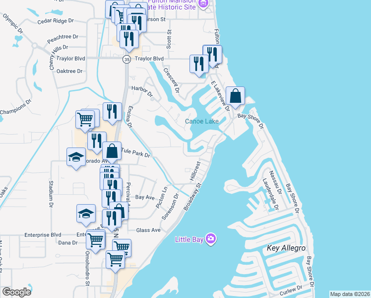 map of restaurants, bars, coffee shops, grocery stores, and more near 1604 Bayhouse in Rockport