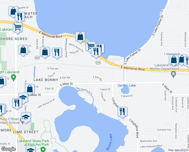 map of restaurants, bars, coffee shops, grocery stores, and more near 1838 East Elm Road in Lakeland