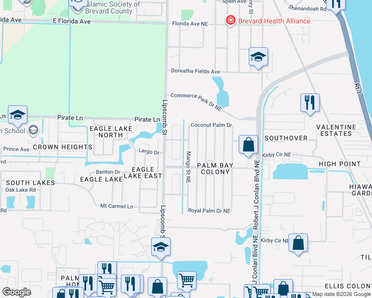 map of restaurants, bars, coffee shops, grocery stores, and more near 1918 Mango Street Northeast in Palm Bay