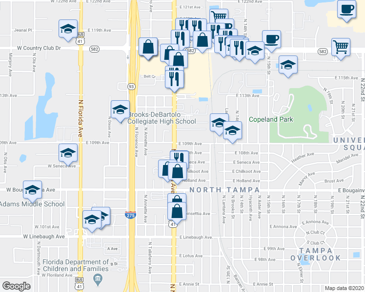 map of restaurants, bars, coffee shops, grocery stores, and more near 909 East 109th Avenue in Tampa