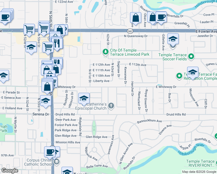 map of restaurants, bars, coffee shops, grocery stores, and more near 6128 East Whiteway Drive in Temple Terrace