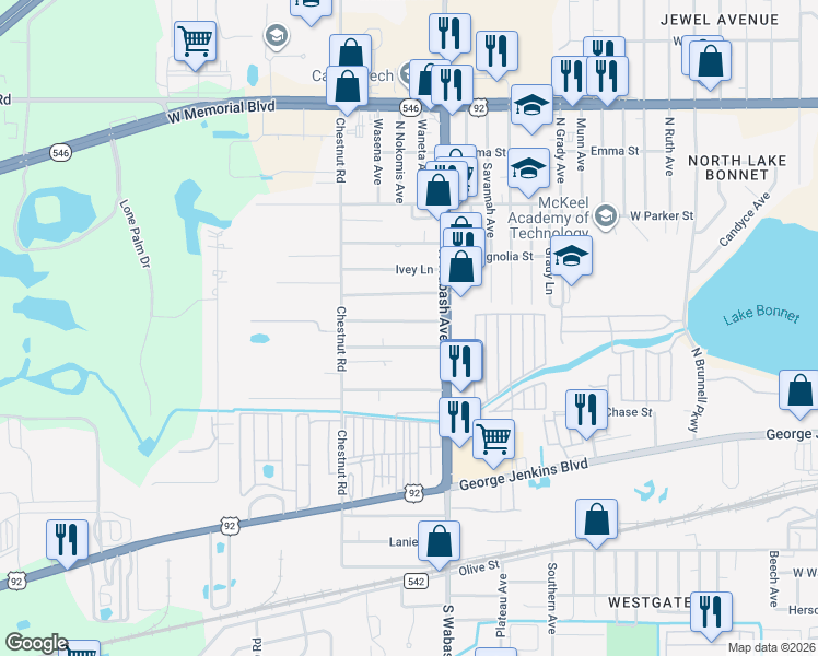 map of restaurants, bars, coffee shops, grocery stores, and more near 2130 Cochran Street in Lakeland