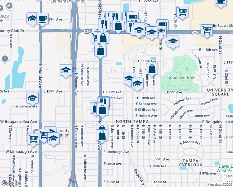 map of restaurants, bars, coffee shops, grocery stores, and more near 1007 East 109th Avenue in Tampa
