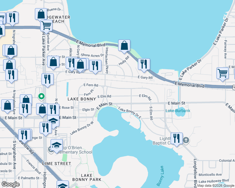 map of restaurants, bars, coffee shops, grocery stores, and more near 1616 East Elm Road in Lakeland