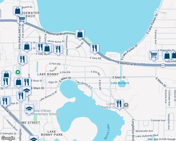 map of restaurants, bars, coffee shops, grocery stores, and more near 1812 East Elm Road in Lakeland