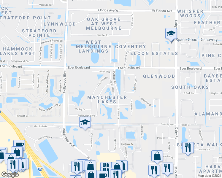 map of restaurants, bars, coffee shops, grocery stores, and more near 3832 Joslin Way in West Melbourne