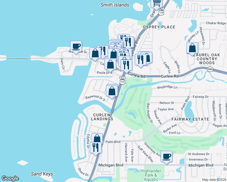 map of restaurants, bars, coffee shops, grocery stores, and more near 2463 Baywood Drive East in Dunedin