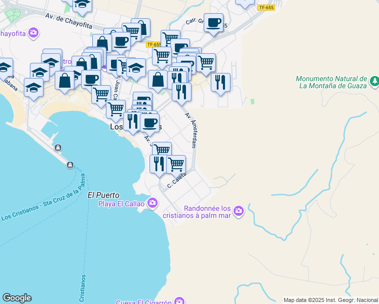 map of restaurants, bars, coffee shops, grocery stores, and more near 1 Paseo Playa Graciosa in Arona
